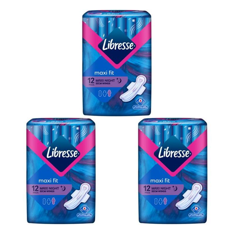 [Bundle of 3] Libresse Maxi Night Wing Sanitary Pads 32cm (12pcs x 3