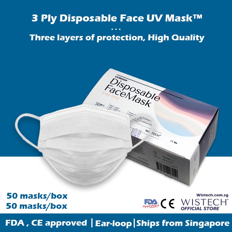 White Wistech 3 Ply Disposable Face UV MASK ™️, 50 pieces, FDA CE