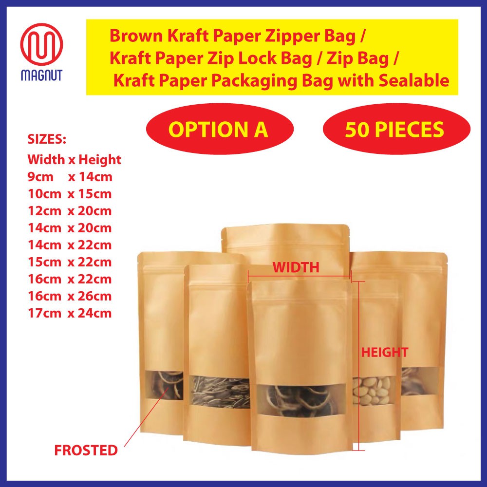 50pcs Brown Kraft Paper Zipper Bag / Zip Lock Bag / Zip Bag / Packaging