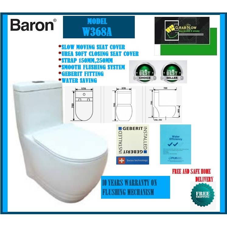 Baron W368A 1Piece Toilet Bowl (Geberit Flushing System) Shopee Singapore