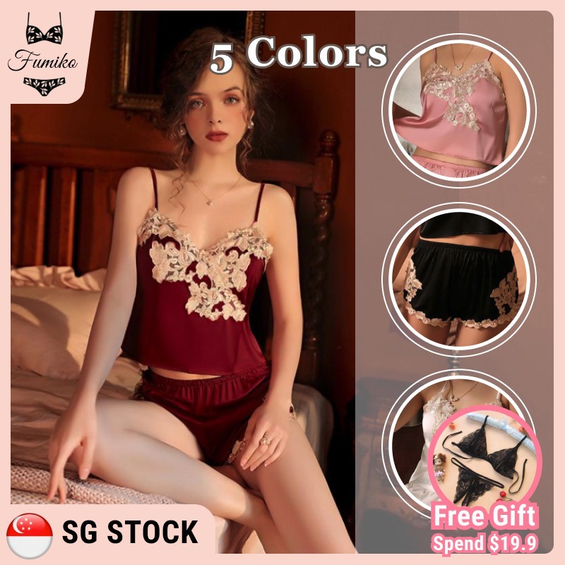 SG Stock Fumiko Satin Pajamas Lady Sleepwear Pyjamas Set Summer Silk