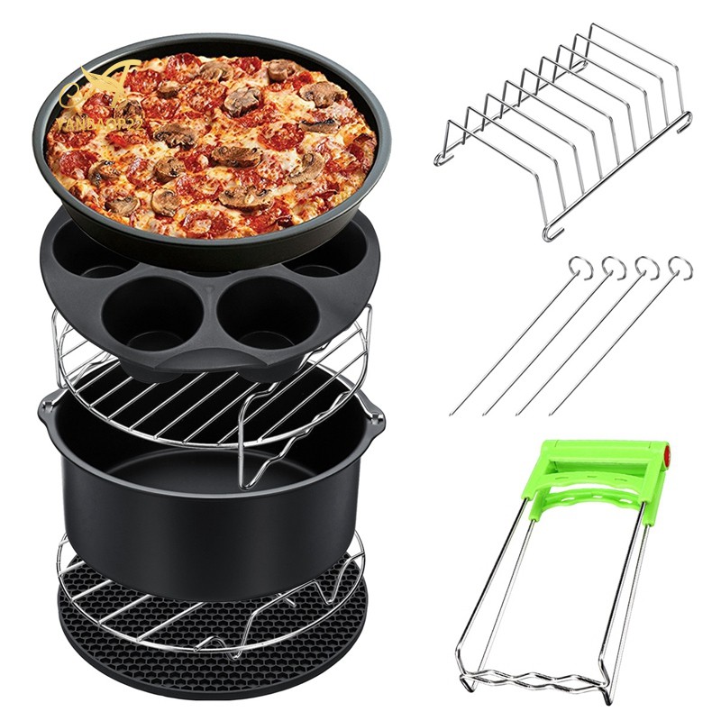 8Pcs 8 Inch Air Fryer Frying Cage Dish Baking Pan Rack Pizza Tray Pot