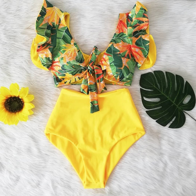 2022 Girl Beach Bathing Suit Swimwear Floral Ruffled Hem Bikini Set
