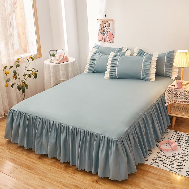 (10 Color) Bedsheet with Skirt Brushed Bed Sheet Elastic Lace Skirting