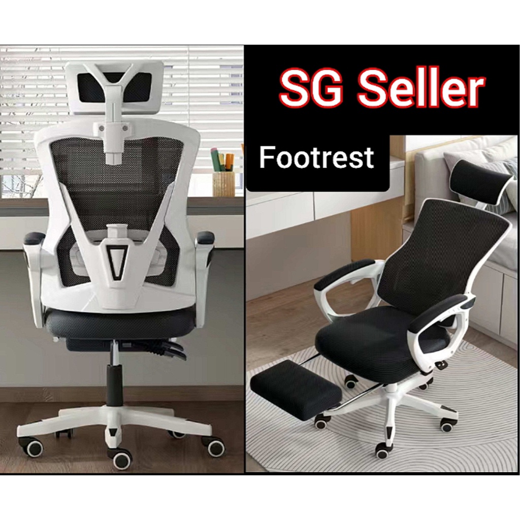 (Free Installation) High Back Ergonomic Mesh Chair Retractable Footrest