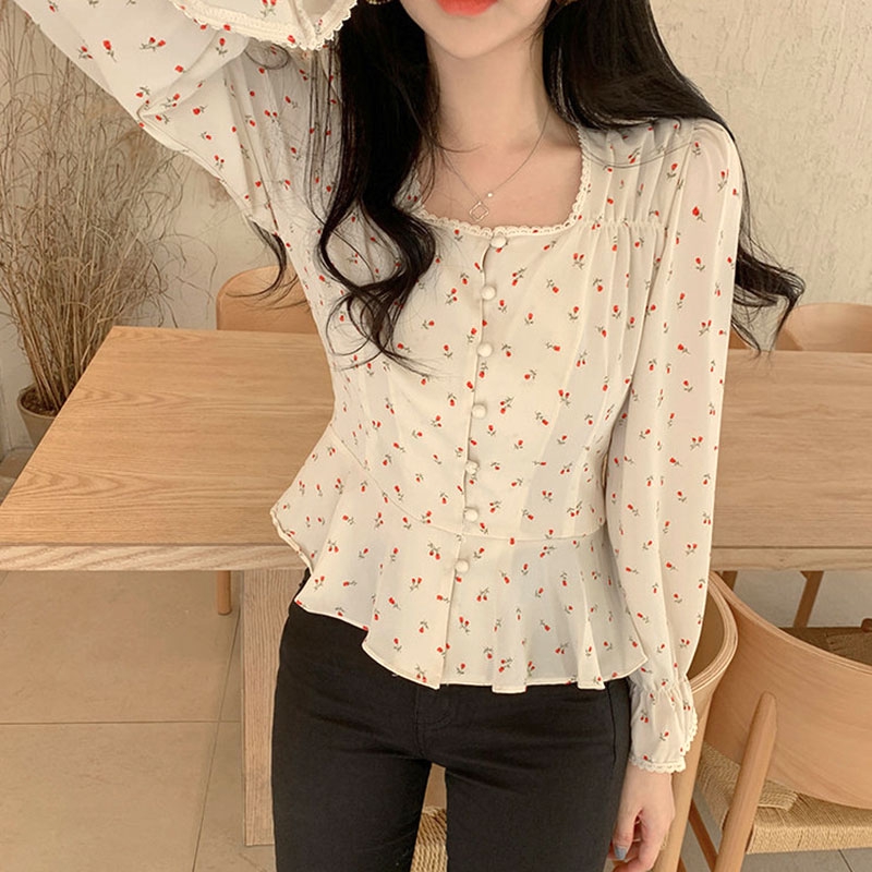 Korean Style Women Ladies Chiffon Floral Flower Long Sleeve Shirt