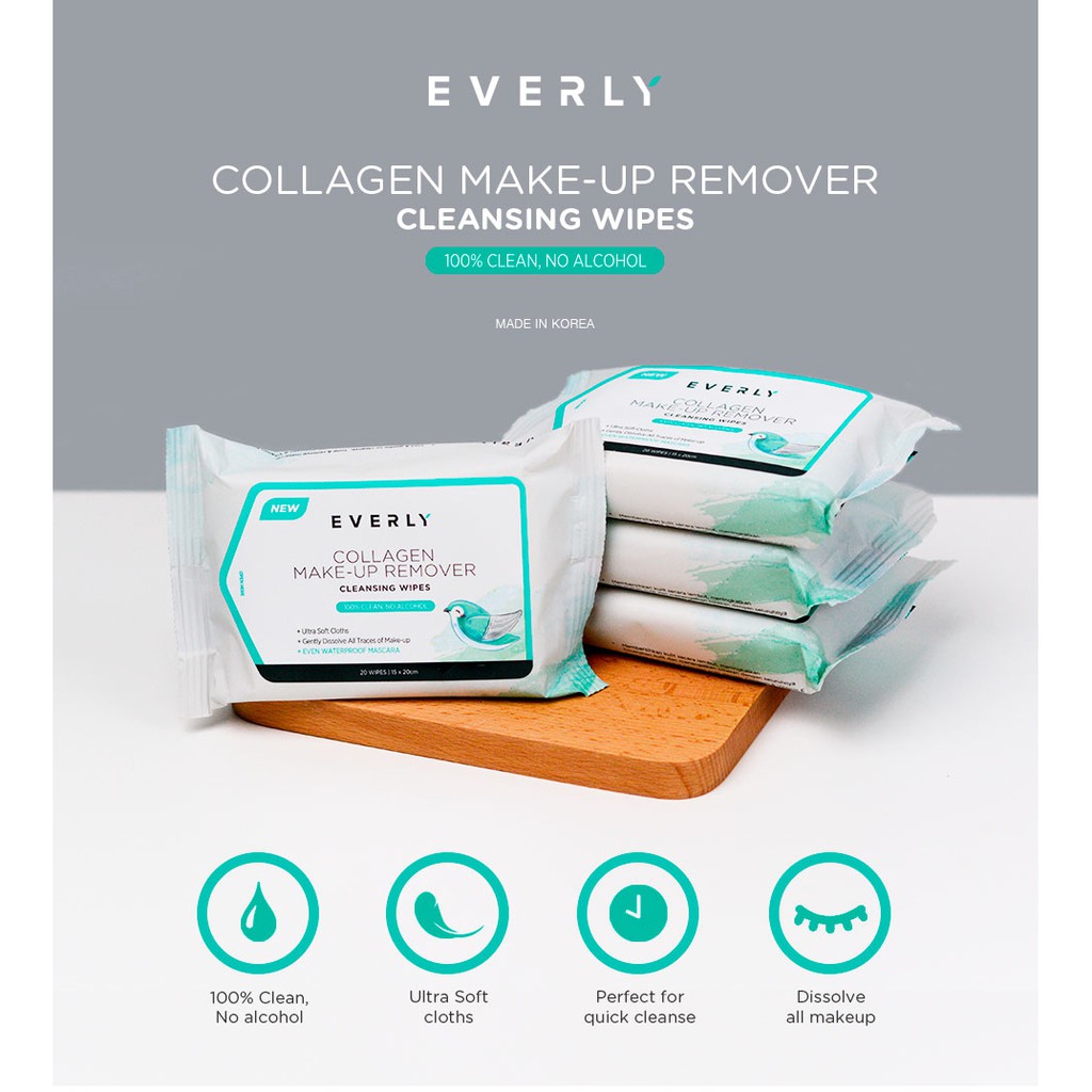 Everly Collagen Makeup Remover Cleansing Wipes Tissues (20 Pcs) Exp