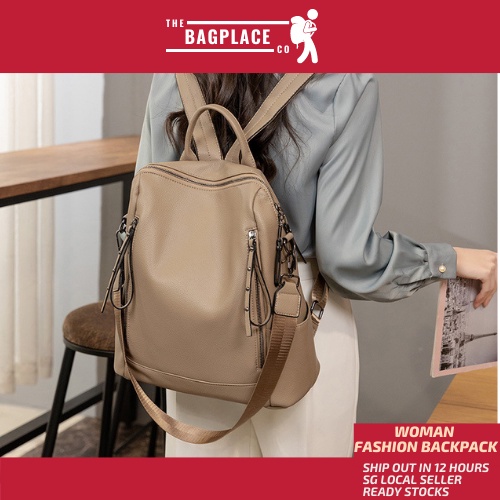 "SG SELLER" TheBagPlaceSG Female Stylish Leather Bag Backpack with many