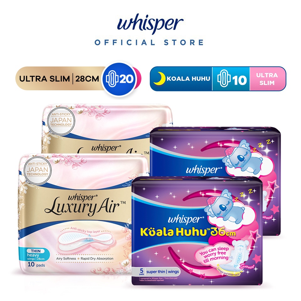 [Bundle of 4] 2 Whisper Luxury Air (28cm 10pc) + 2 Whisper Koala Huhu (36cm 5pc) Sanitary Pads