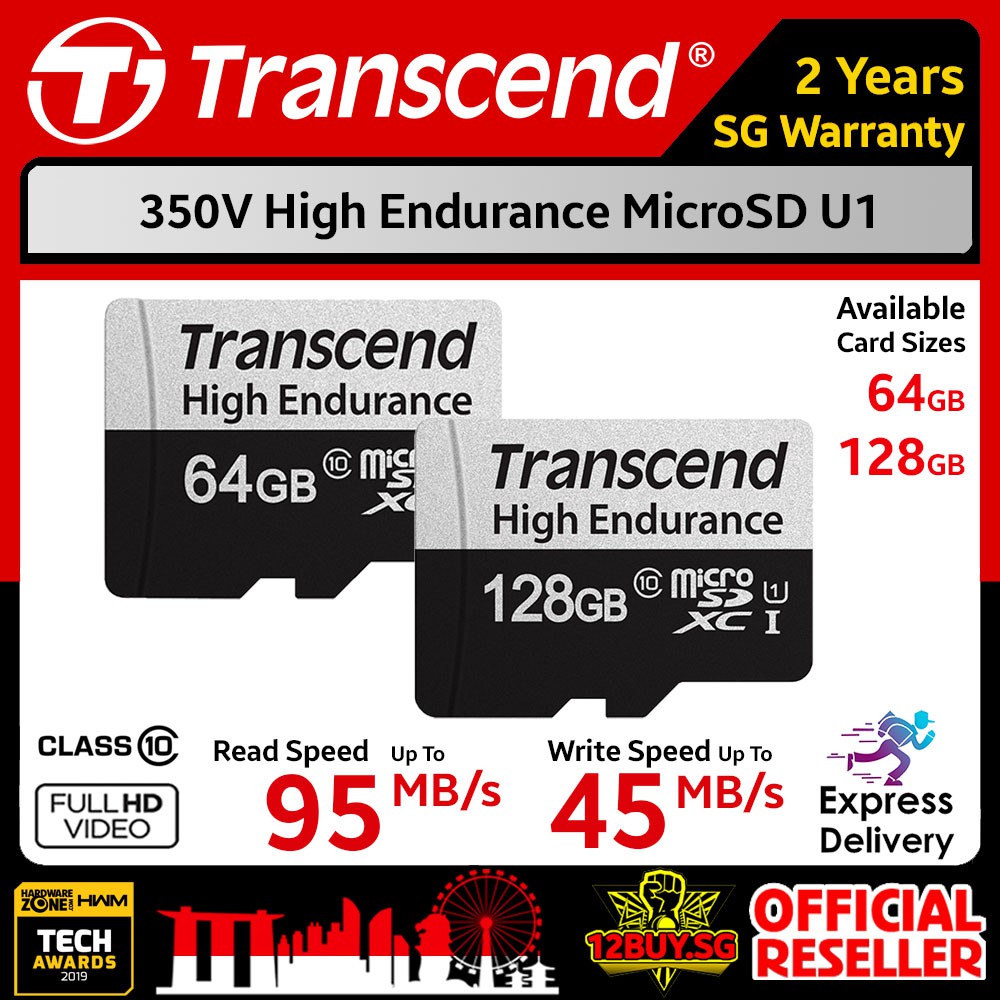 Transcend 350V High Endurance MicroSD Card 95MB/s Class 10 U1 64GB