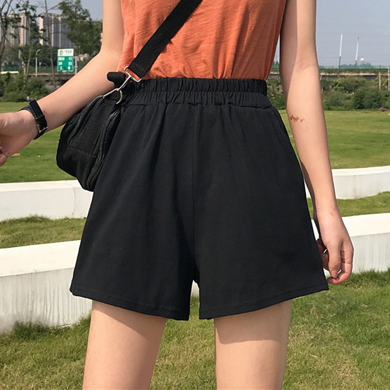Ready Stock Plus Size S4XL Summer Women Elastic High Waist Shorts Black Casual Wide Leg Loose