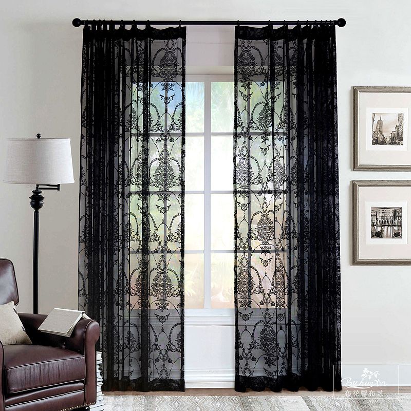 Black Lace Curtains for Bedroom Vintage French Floral Embroidered Sheer