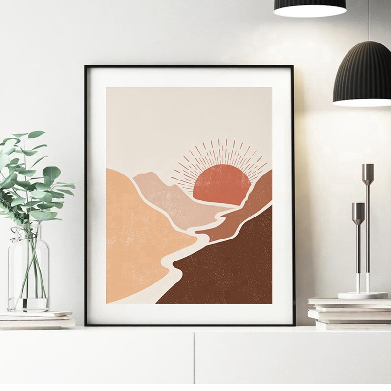Burnt Orange Abstract Print Sun Mountains Landscape Poster