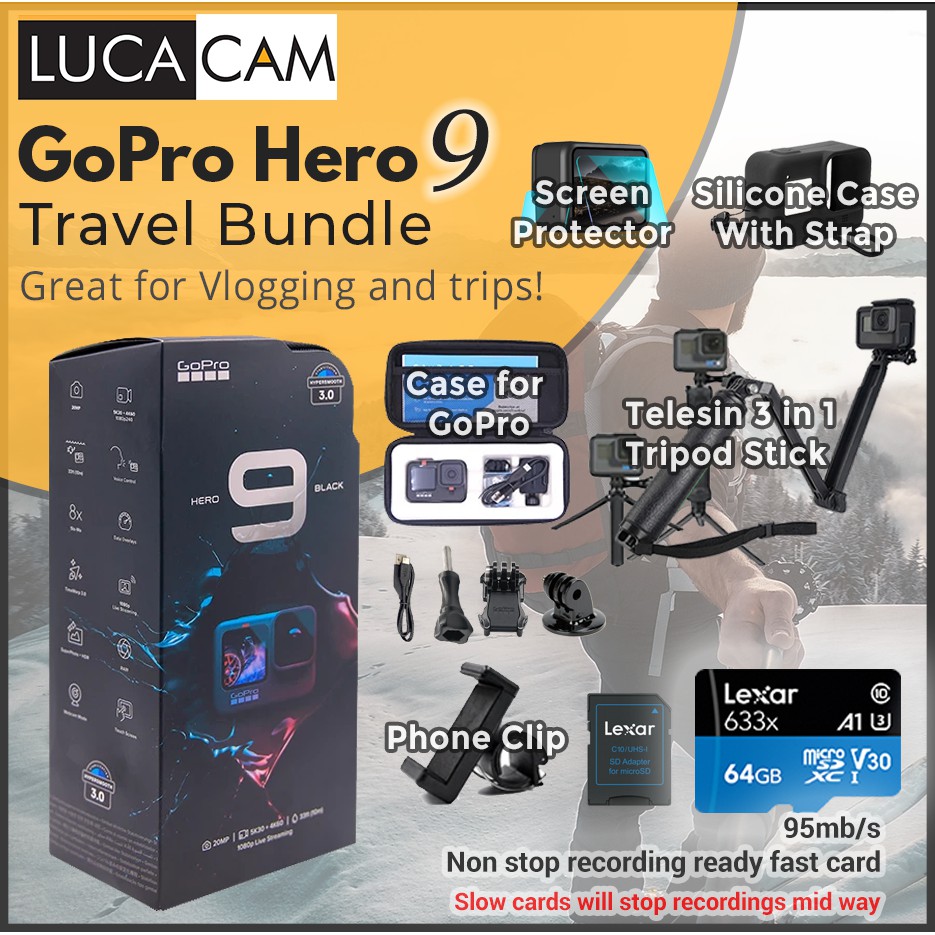 GoPro Hero 9 Travel Bundle (Includes Screen Protector, Telesin 3in1 Tripod Stick and Phone