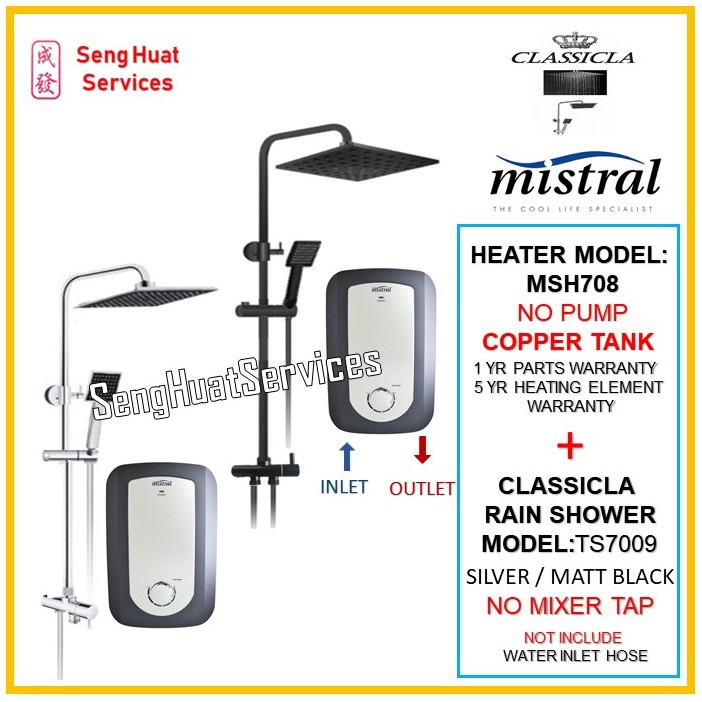 Mistral MSH708 Instant Heater With CLASSICLA BLACK / SILVER Rain Shower