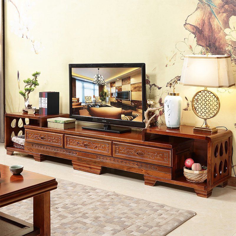 Full Solid Wood Tv Chinesestyle Carving Simple Modern