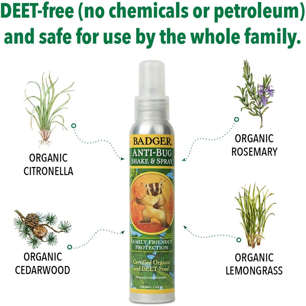 Badger AntiBug Shake & Spray, DEETFree Natural Bug Spray,Certified Organic Mosquito insect