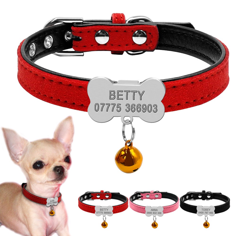 Small Custom Personalized Dog Collar with Bell Suede Leather for