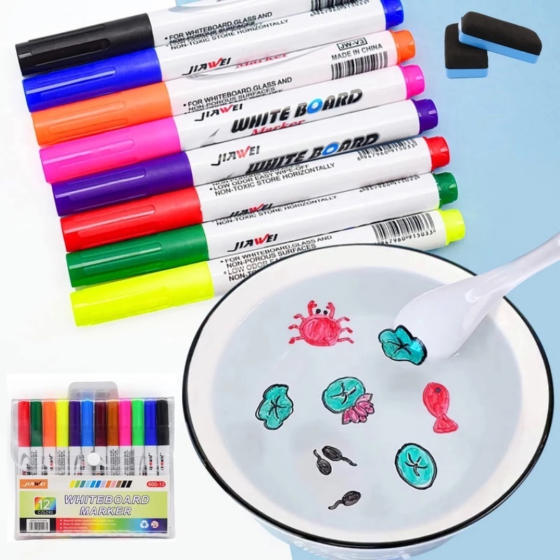 12 Colors Erasable Water Painting Markers For Kids / Black White Whiteboard Cute Markers Pens