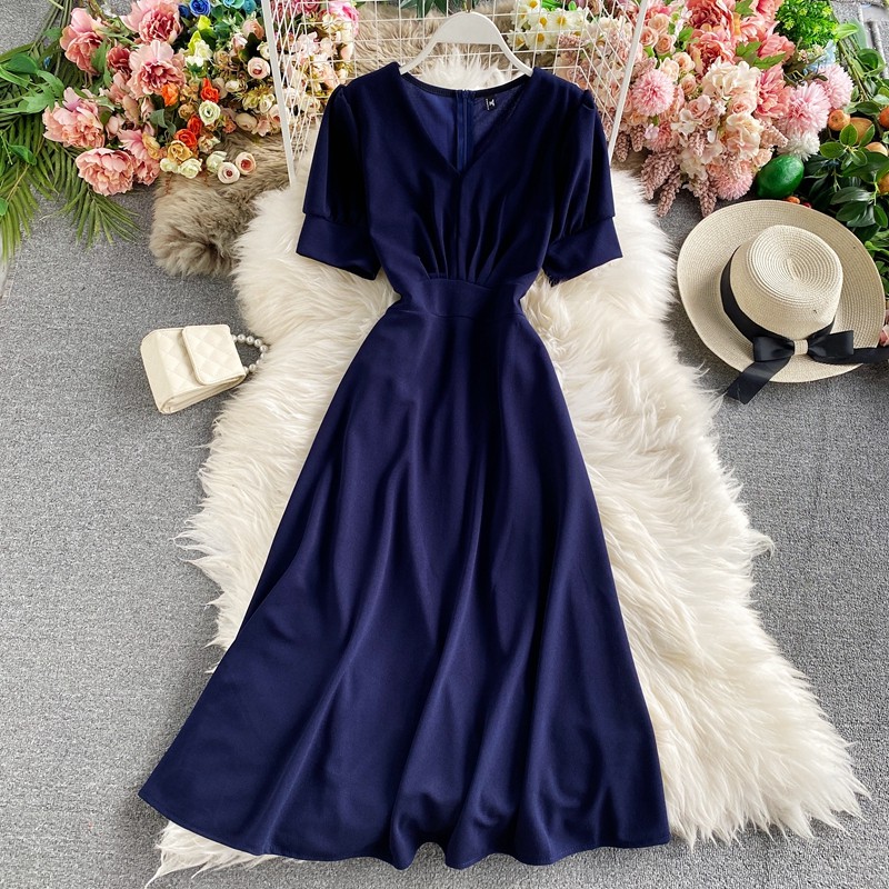 Summer Long Dress Women Korean Fashion Puff Sleeve V neck High Waist