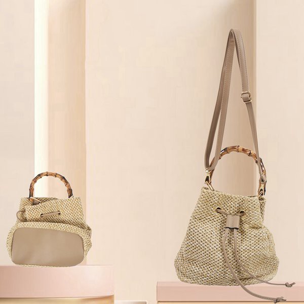 Drawstring ladies bucket oneshoulder woven bag shopping beach straw