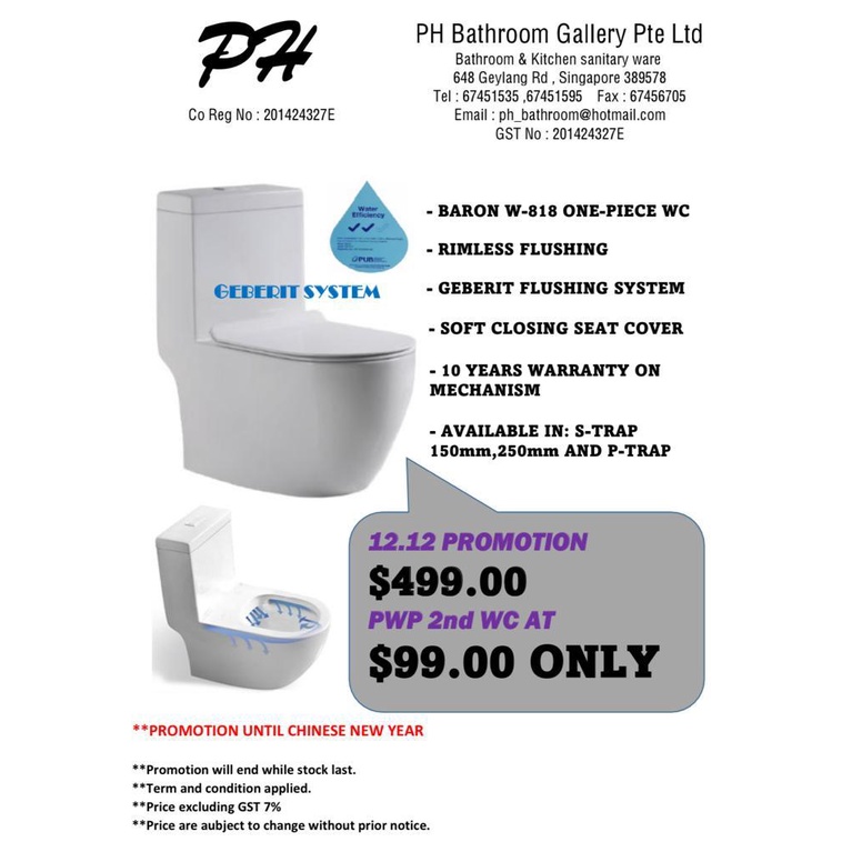 [Baron](Rimless) W818 One piece Toilet Bowl (Geberit Flushing System