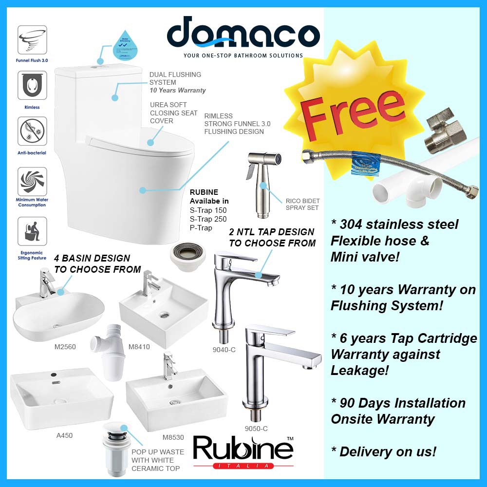 Rubine Rimless Funnel Flush 3.0 Toilet Bowl & Basin Package Shopee