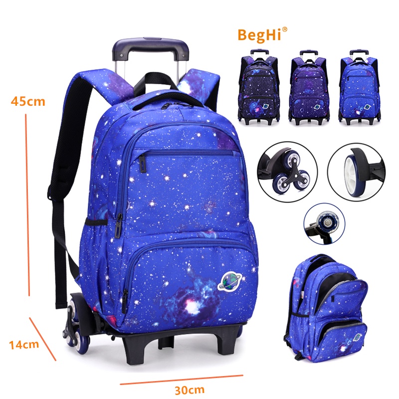 Trolley School Bag Backpack Rolling Wheeled Detachable Beg Sekolah Roda 2 or 6 Wheel Primary