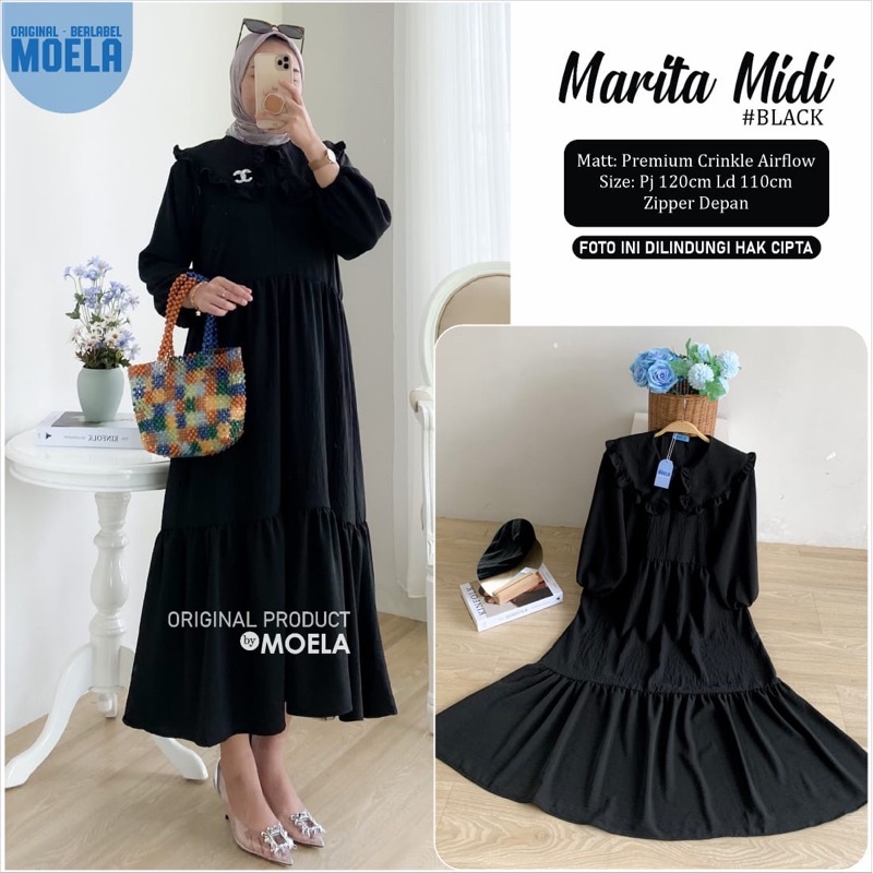 HITAM Women Airflow Crinkle Solid Black Dress Marita Midi by Moela