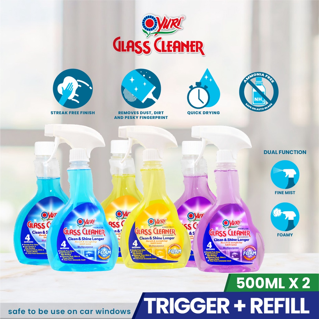 Yuri Glass Cleaner (AmmoniaFree) Spray 500ml+Refill 500ml Shopee