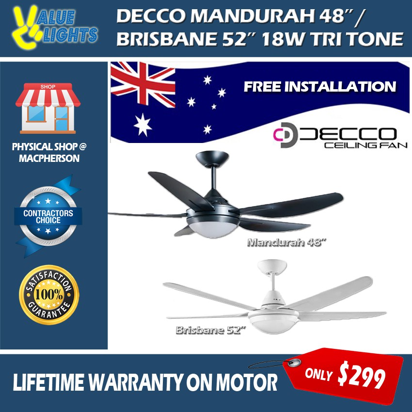 Decco Ceiling Fan Mandurah 48 Inch Brisbane 52 Inch with 18W Tri Tone