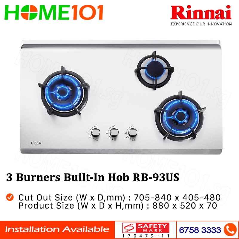 Rinnai BuiltIn Hob Stainless Steel 3 Burners RB93US LPG / PUB