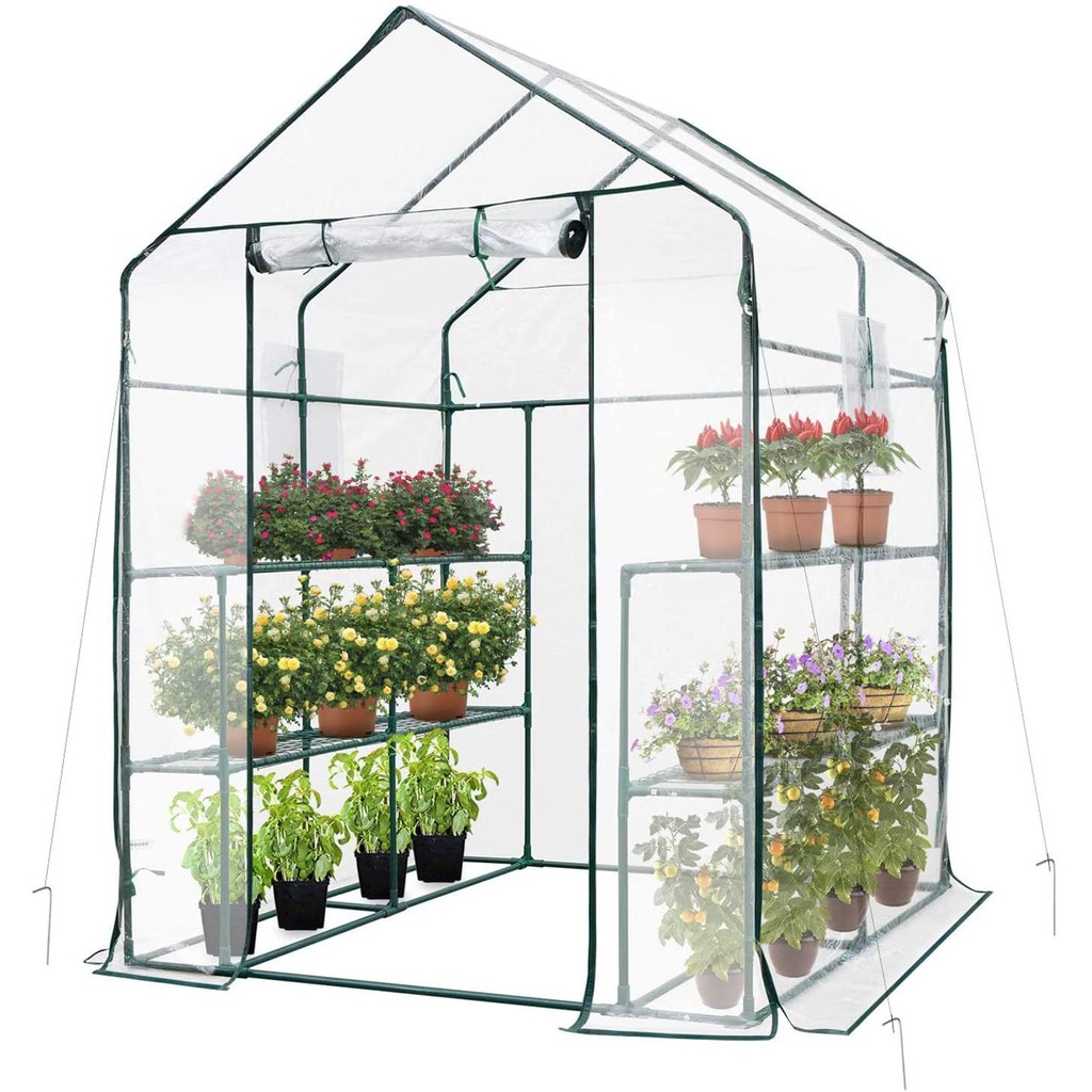 Litgrow 143 x 143 x 195 cm Walk in Garden PVC Greenhouse with Metal Frame Shelves (Cover+Frame