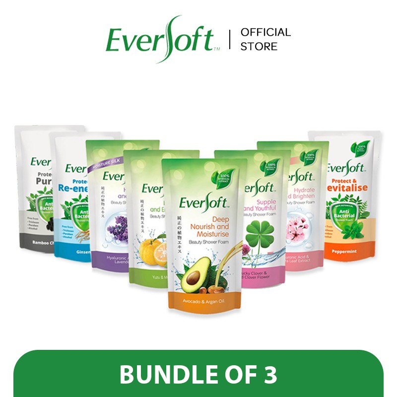 EVERSOFT Botanical Extract Shower Foam Pack 600ml x3 [Body Wash] Refill