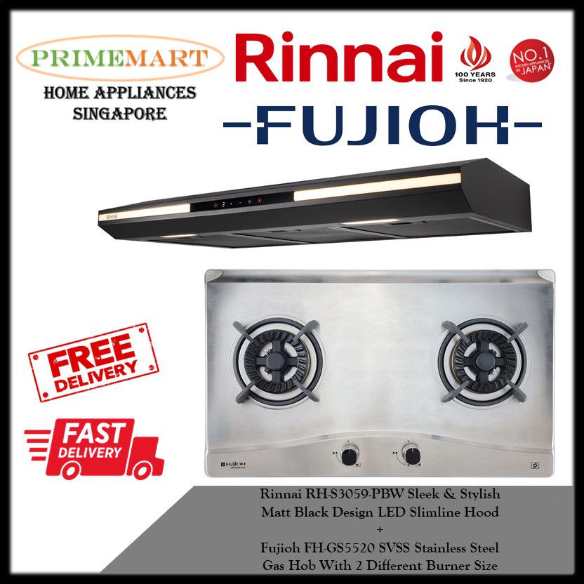 Rinnai RHS3059PBW Slimline Hood + Fujioh FHGS5520 SVSS Stainless