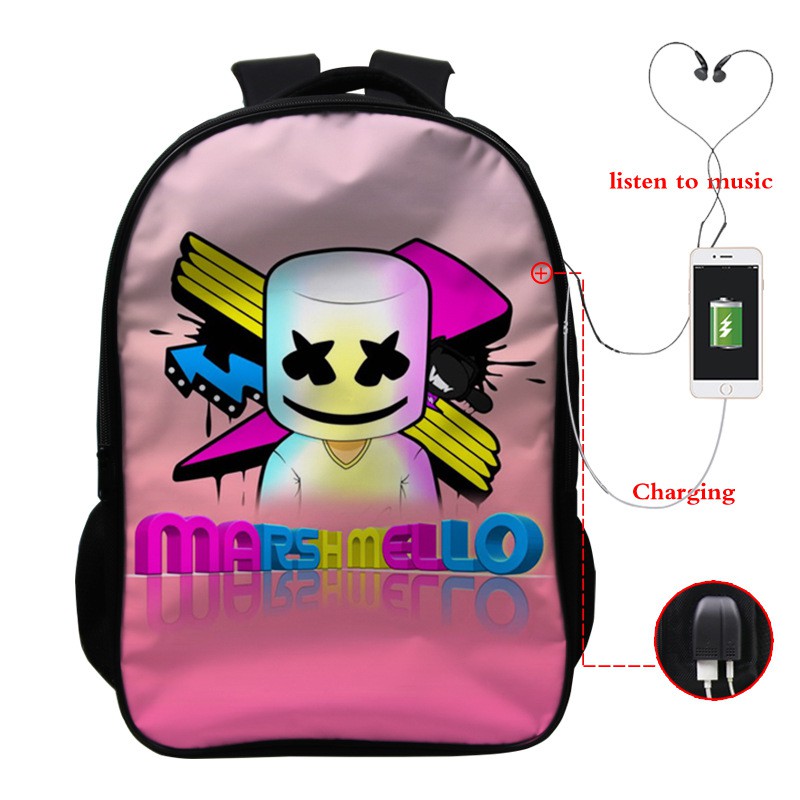 Mysterious DJMarshmello Marshmallow Backpack Student School Bag USB