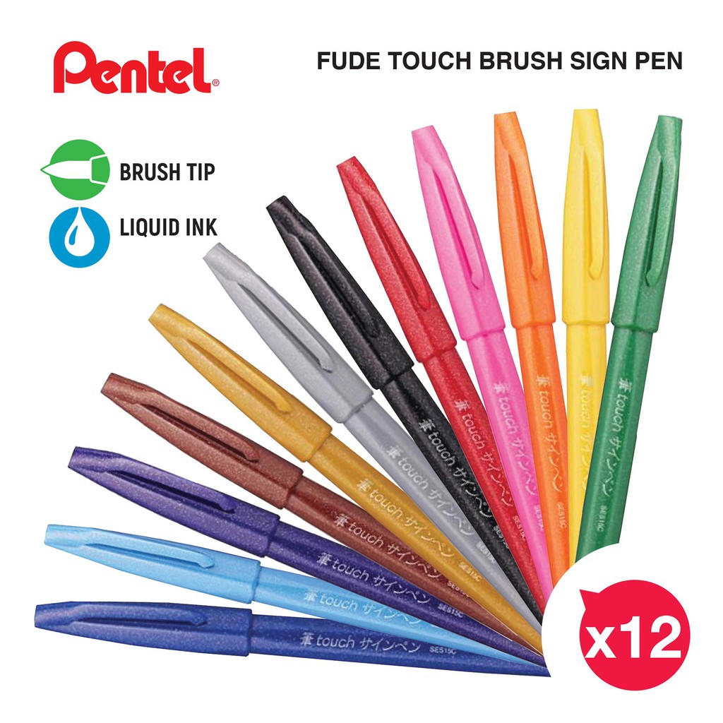 Pentel SES15C Fude Touch Brush Sign Pen (12 colors SET) Shopee Singapore