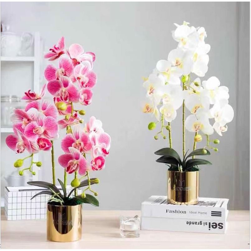 Artificial Orchids Flowers in Gold Pot Fake Orchid Plants, Home Office