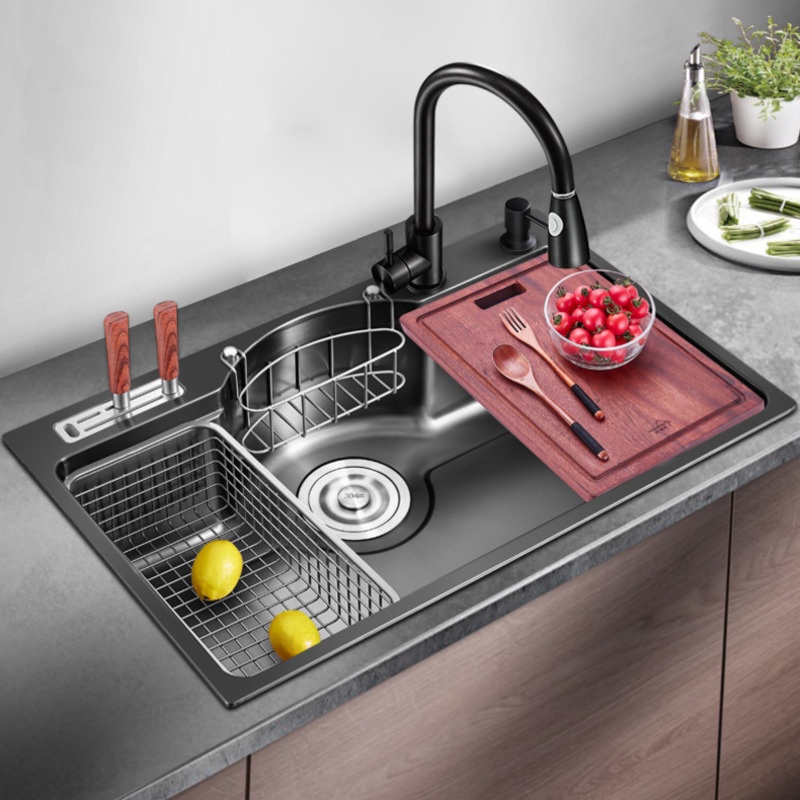 Kitchen Sink Single Basin 304 Stainless Steel Thickened Dishwashing Sink Multifunctional Black