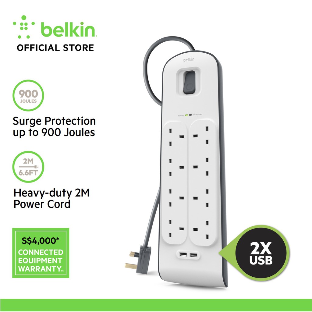 Belkin BSV804sa2M 8Outlets Surge Protection Strip with 2 USB Ports