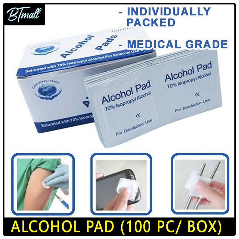 ALCOHOL PADS 100 PCS BOX INDIVIDUALLY PACKAGED DISINFECT HYGIENIC