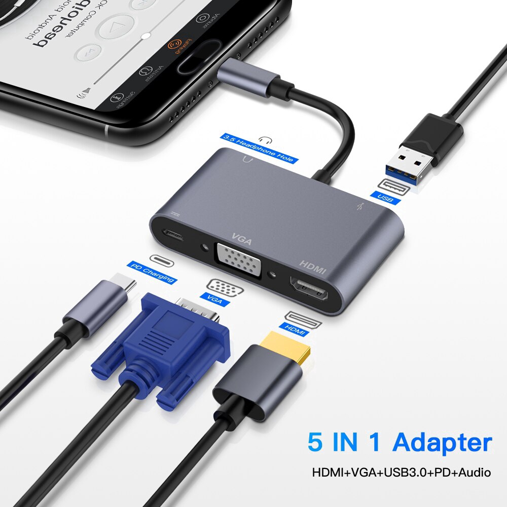 5 in 1 USB C To HDMI 4K VGA Adapter with 3.5 Jack USB 3.1