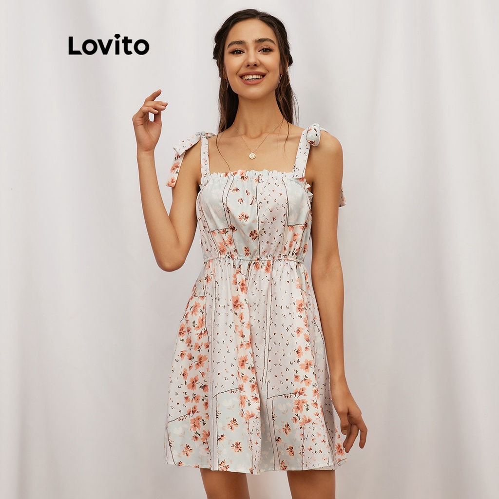 Lovito Cute Floral Knot Frill Floral Dress L19D125 (Purple) Shopee