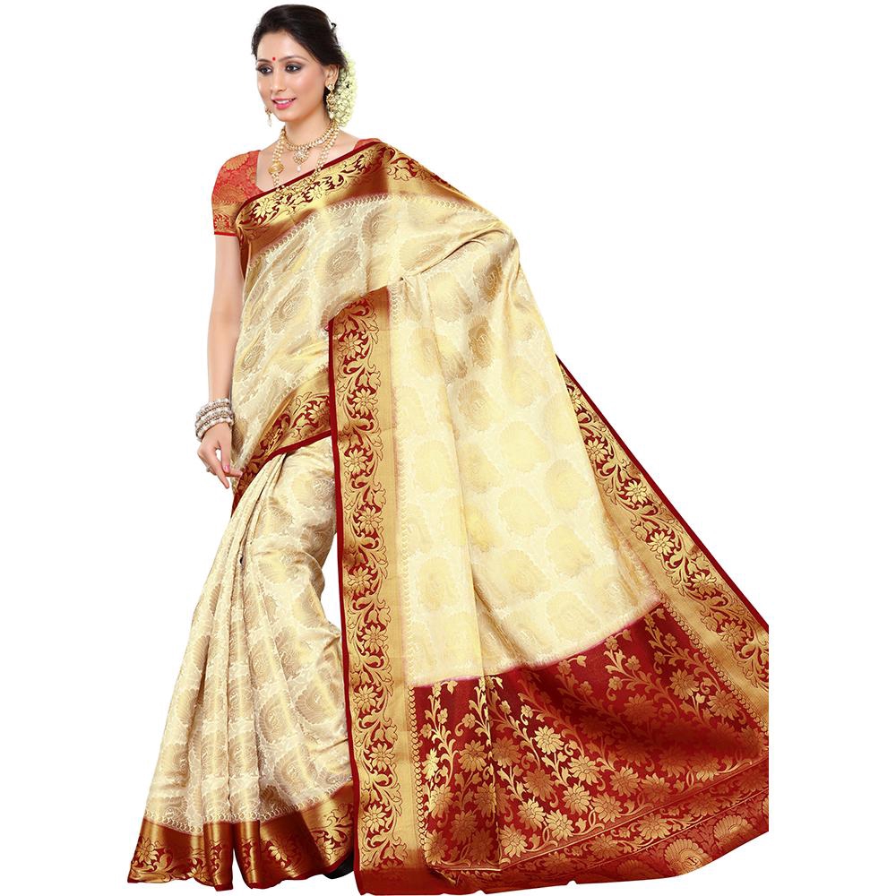 Authentic INDIAN Srikara Embellished Art Silk Woven Kanjivaram Saree (White Color Sari) Shopee