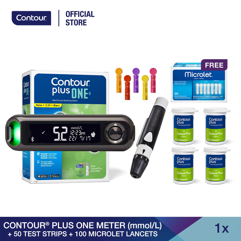 Contour Plus One Blood Glucose Meter (mmol/L) + 100 Test Strips + 100