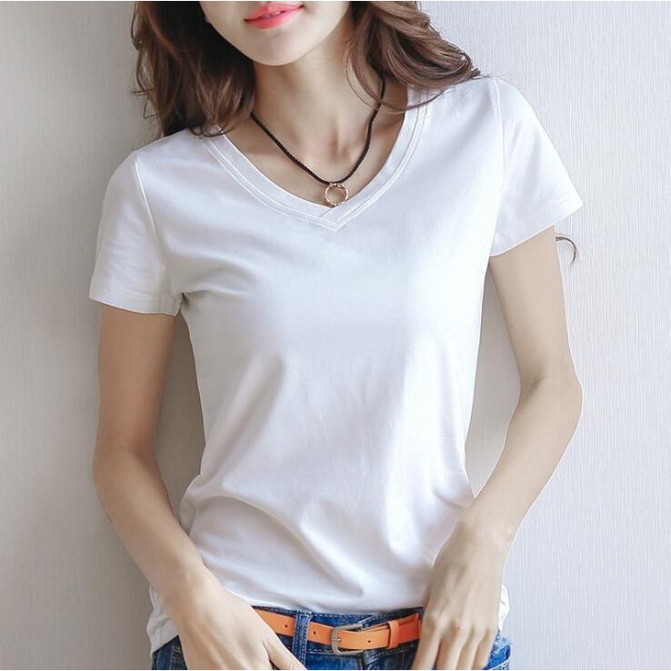 Women White Cotton Plain T shirt Short Sleeve Loose Shirt Ladies Tops