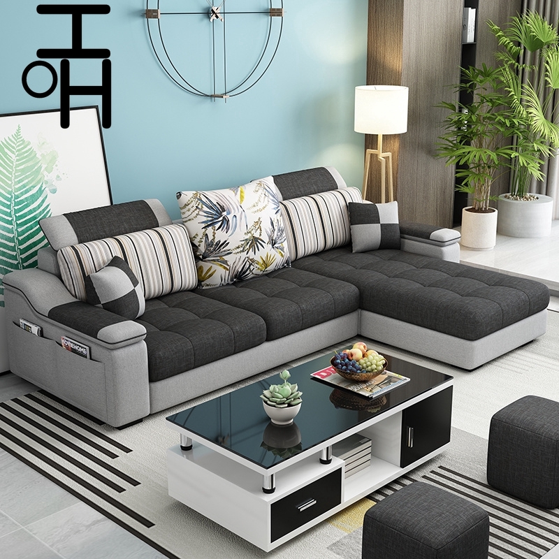 l shape minimalist linen threeseat sofa 3 seater murah living room