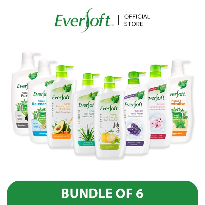 EVERSOFT Botanical Extract Shower Foam 800ml x6 [Body Wash] Shopee