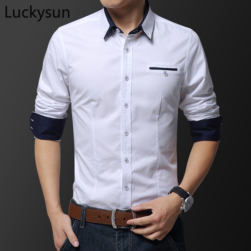 White Shirt Men Business Casual Slim Fit Top Blue Khaki Long Sleeve