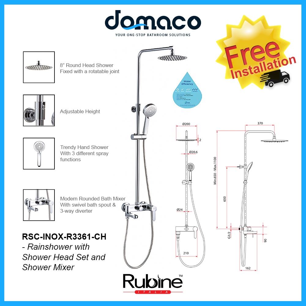 Rubine RSCINOXR3361CH Rain Shower Set with Hand Shower and Shower